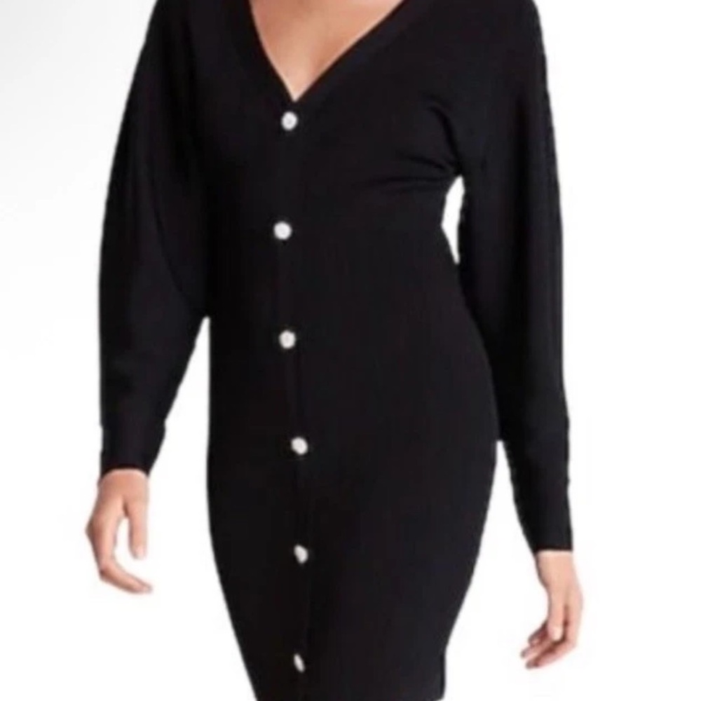 Express Black Ribbed V-Neck Dress with Rhinestone Button